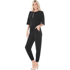 Women's Sporty Chic Casual Jumper Elastic Waistband & Top Buttons Black